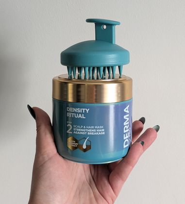Step 2: a scalp and hair mask that strengthens the hair to reduce and minimize hair breakage along with a brush to help massage the product into the scalp 