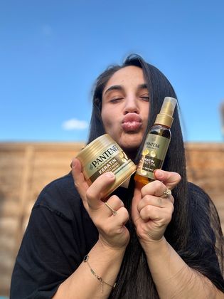 UGC style photo featuring Pantene Keratin hair mask and keratin protect oil with healthy, shiny hair.